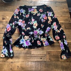 WAYF Black Floral Print Smocked Waist Peplum Chiffon Top